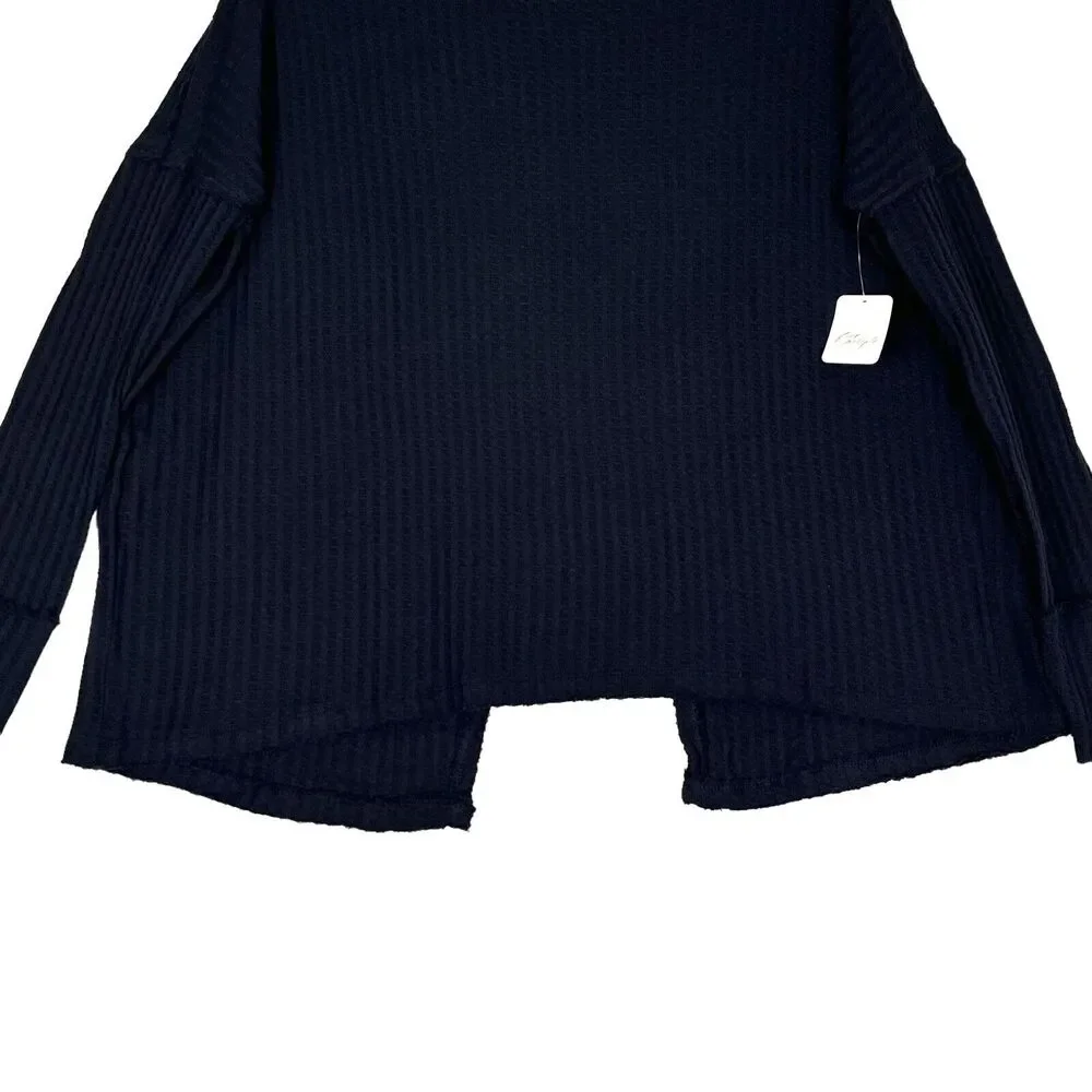 Free People Juicy Long Sleeves Top Sz XS Oversized Black Knit Thermal Tunic Boho